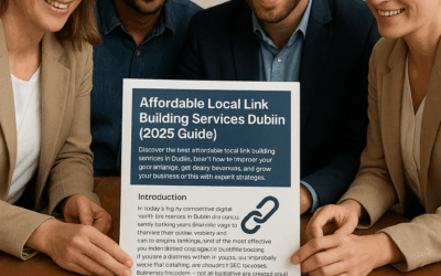 Affordable local link building services Dublin team working together on SEO strategy with printed guide, showcasing digital marketing and backlinks growth