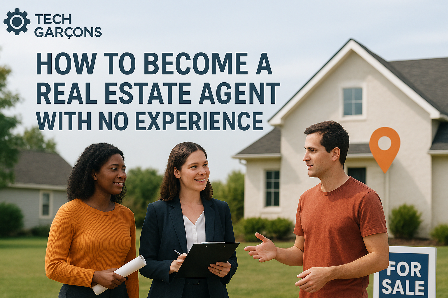 How to become a real estate agent with no experience – Tech Garçons guide with professionals discussing property in front of a house for sale