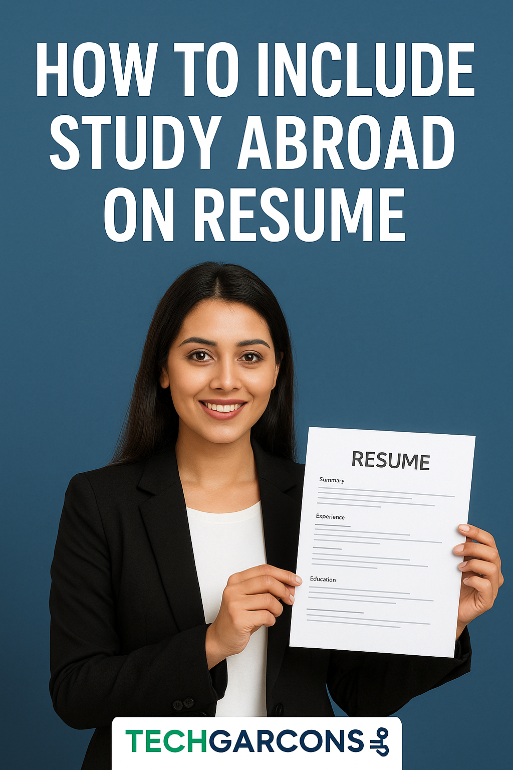 Young woman with study abroad experience for resume guide – Techgarcons logo