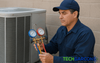 A professional HVAC technician installing and servicing air conditioning equipment, representing how to start an HVAC business, with the TechGarcons logo watermark