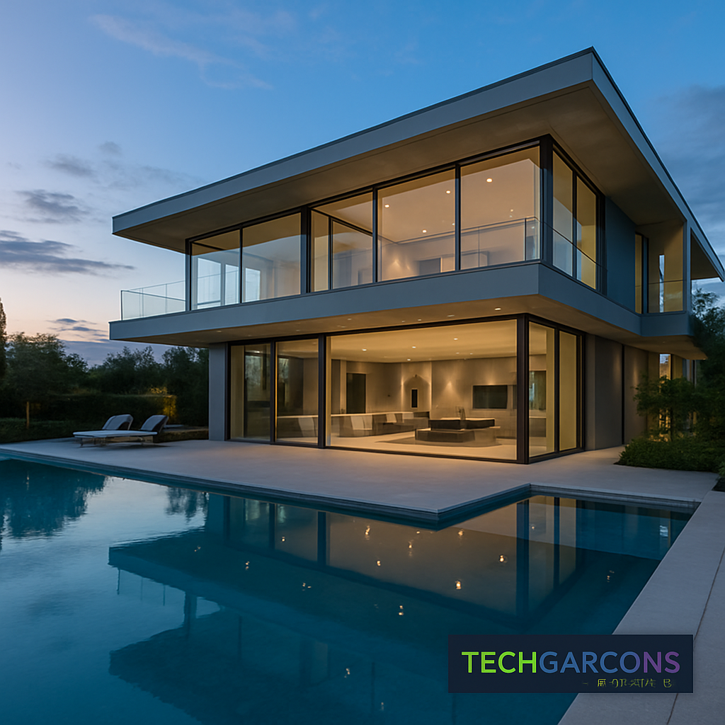 Modern luxury home with glass walls and infinity pool at sunset