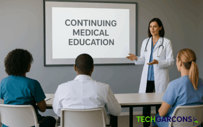 A female medical instructor in a lab coat presenting a Continuing Medical Education (CME) session to healthcare professionals, with the TechGarcons logo watermark in the bottom corner