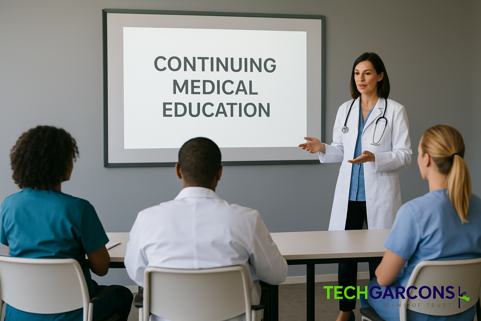 A female medical instructor in a lab coat presenting a Continuing Medical Education (CME) session to healthcare professionals, with the TechGarcons logo watermark in the bottom corner