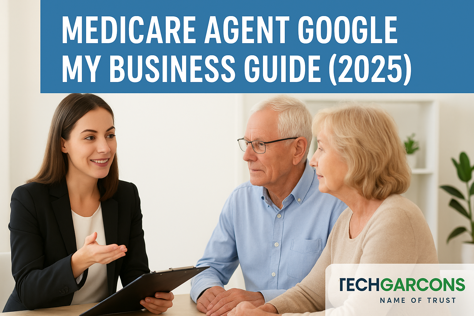 Share Professional Medicare agent explaining healthcare plan options to a senior couple in an office setting