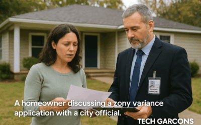Homeowner discussing a zoning variance application with a city official outside a suburban house.